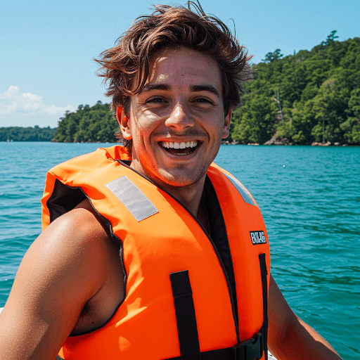 man on the water smiling and wearing a life jacket